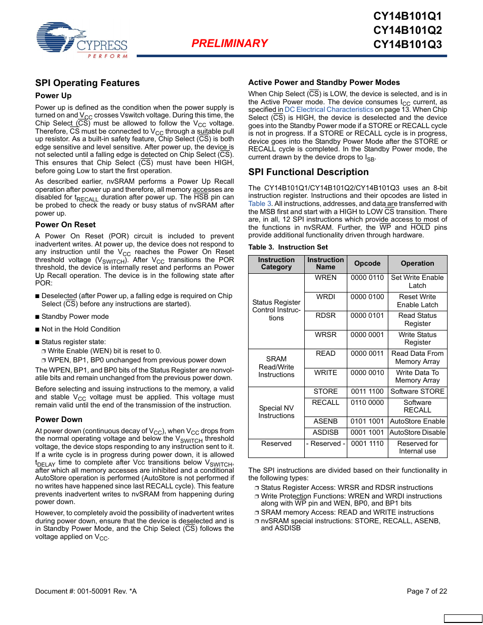 Spi operating features, Power up, Power on reset | Power down, Active power and standby power modes, Spi functional description | Cypress CY14B101Q3 User Manual | Page 7 / 22