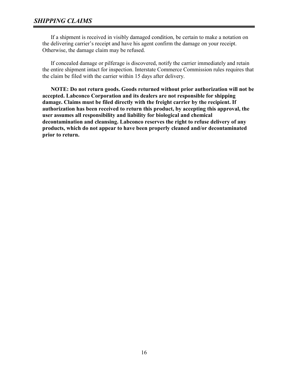 Shipping claims | Labconco Crude Fiber Digestion Apparatus 30002 User Manual | Page 15 / 16