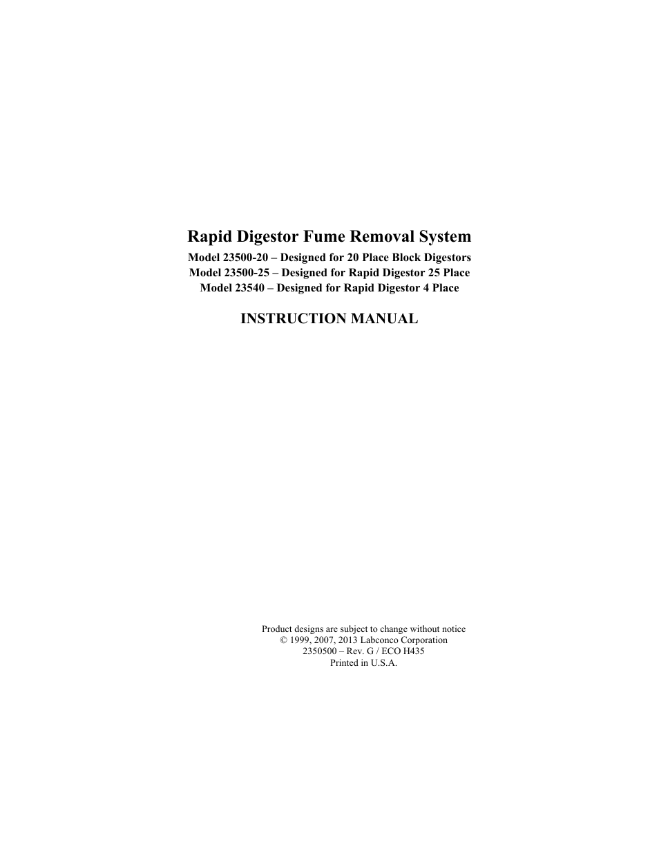 Labconco Rapid Digestor Fume Removal System 2354000 User Manual | 18 pages