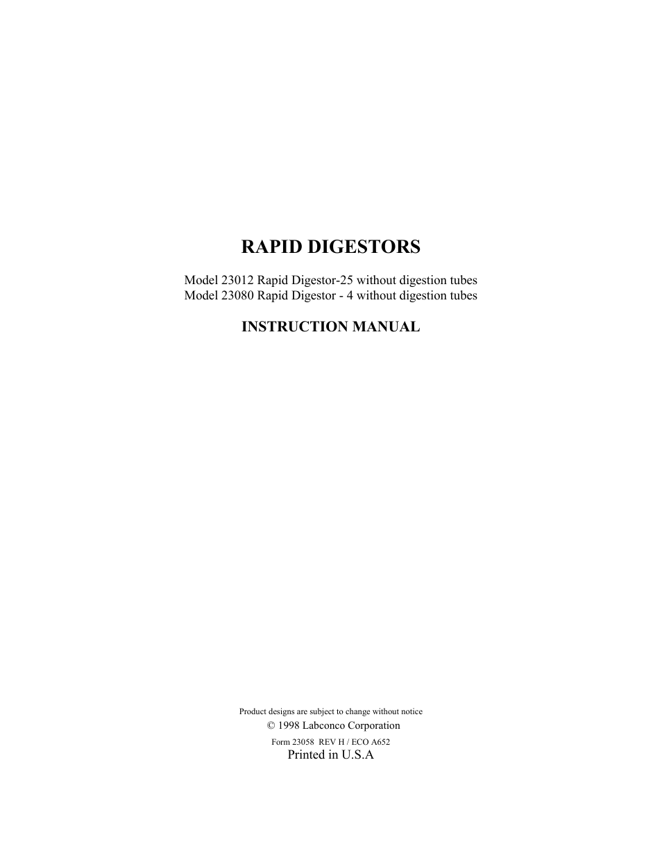 Labconco Rapid Digestors 23080 User Manual | 30 pages