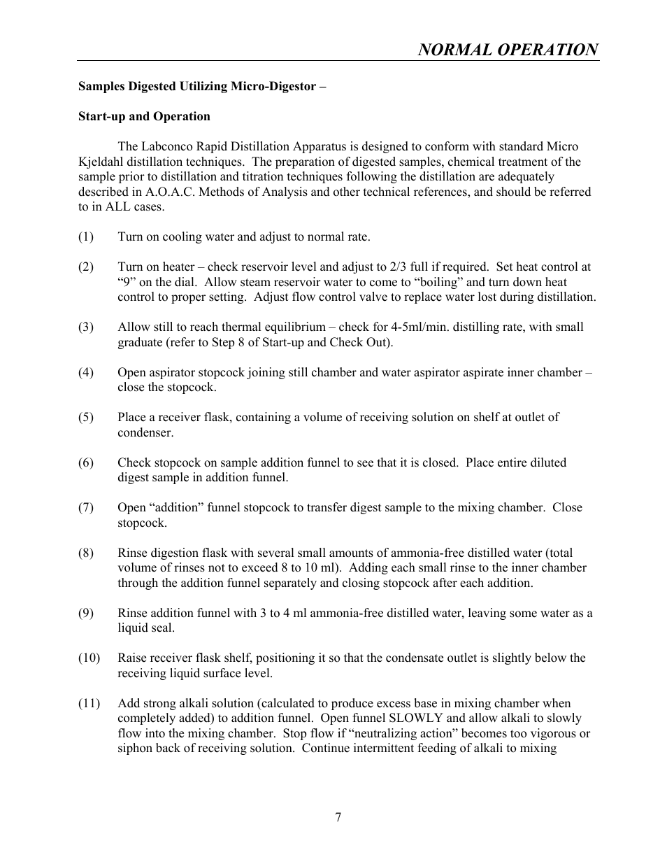Normal operation | Labconco Rapid Distillation Apparatus 65000 User Manual | Page 11 / 24