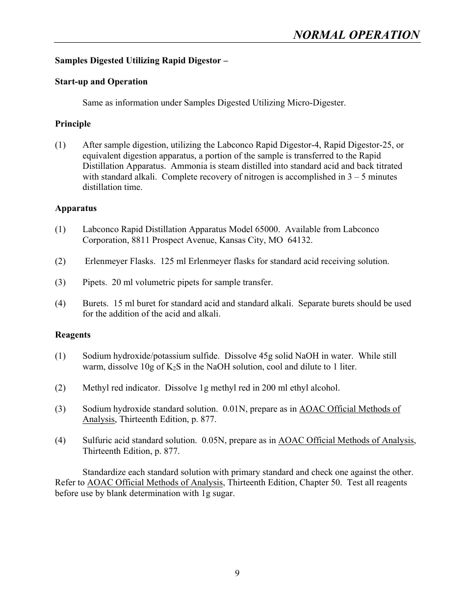 Normal operation | Labconco Rapid Distillation Apparatus 65000 User Manual | Page 13 / 24