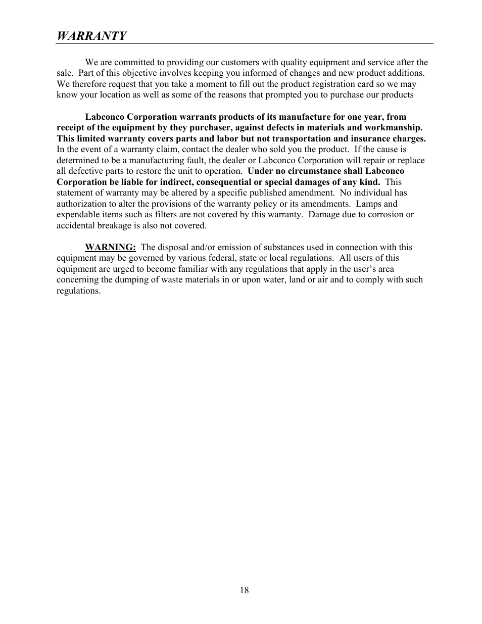 Warranty | Labconco Rapid Distillation Apparatus 65000 User Manual | Page 22 / 24
