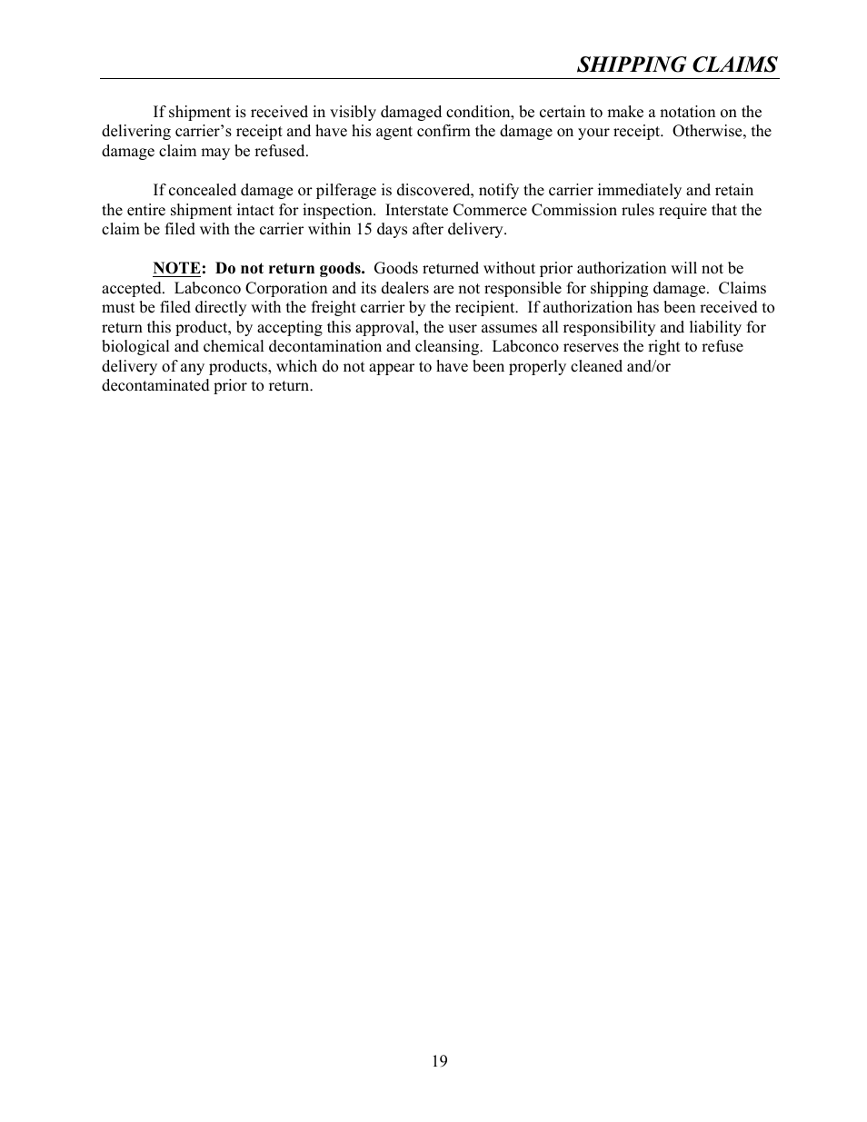 Shipping claims | Labconco Rapid Distillation Apparatus 65000 User Manual | Page 23 / 24