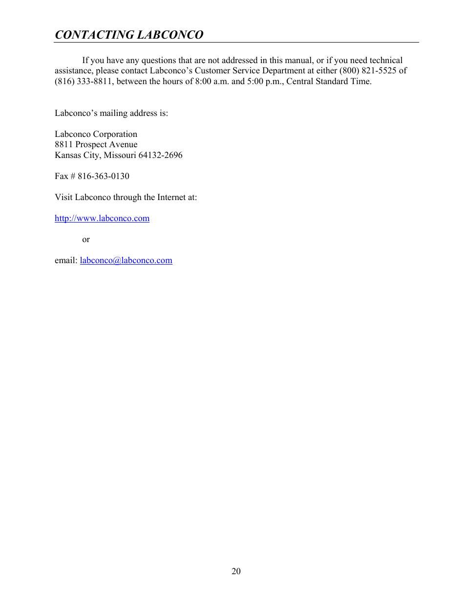 Contacting labconco | Labconco Rapid Distillation Apparatus 65000 User Manual | Page 24 / 24