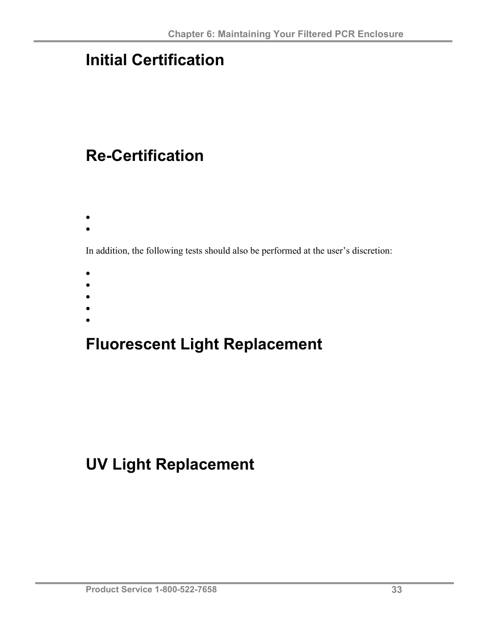 Initial certification, Re-certification, Fluorescent light replacement | Uv light replacement | Labconco Purifier Filtered PCR Enclosures 3970425 User Manual | Page 37 / 55