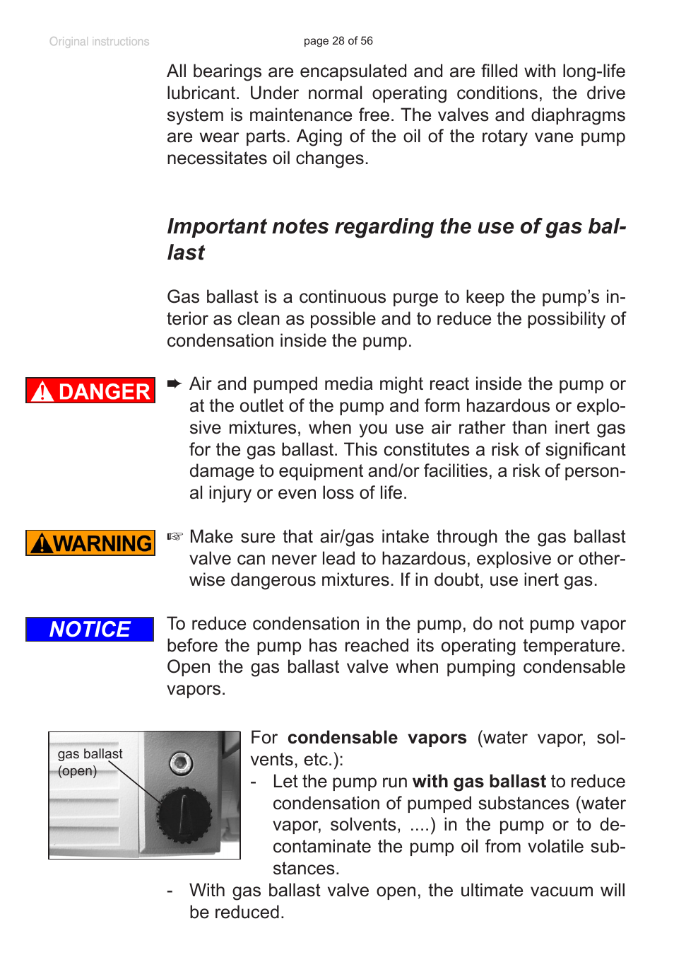 Important notes regarding the use of gas ballast, Notice | Labconco VACUUBRAND HYBRID Rotary Vane Pump 7584000 User Manual | Page 28 / 56