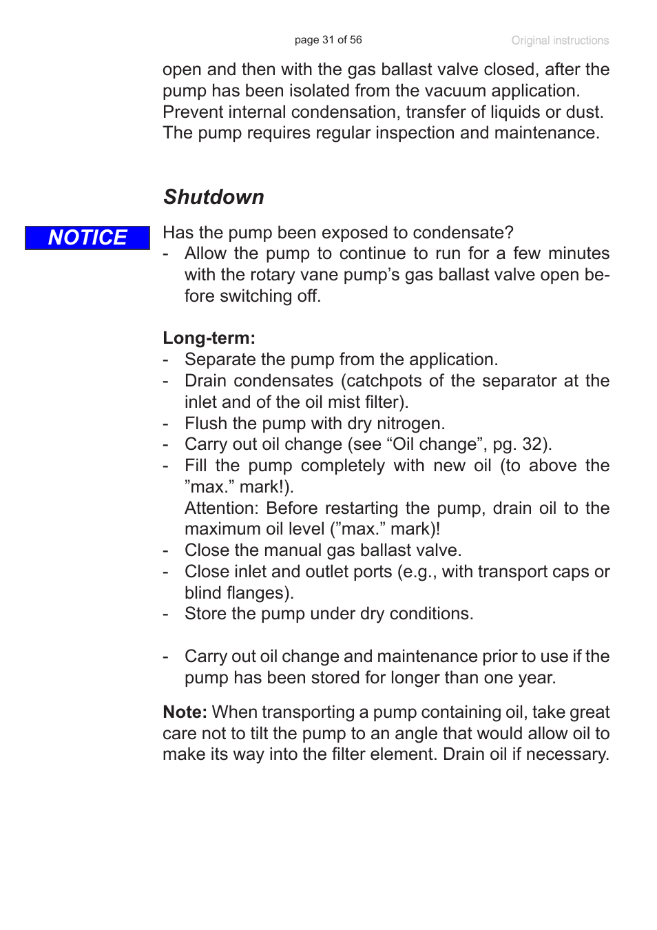 Shutdown, Notice | Labconco VACUUBRAND HYBRID Rotary Vane Pump 7584000 User Manual | Page 31 / 56