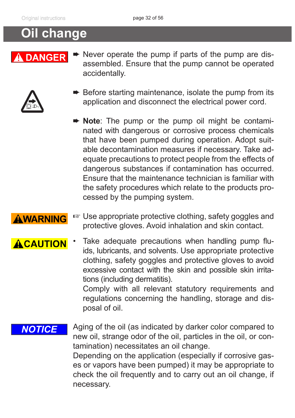 Oil change, See section “oil change, Pg. 32 | Notice | Labconco VACUUBRAND HYBRID Rotary Vane Pump 7584000 User Manual | Page 32 / 56