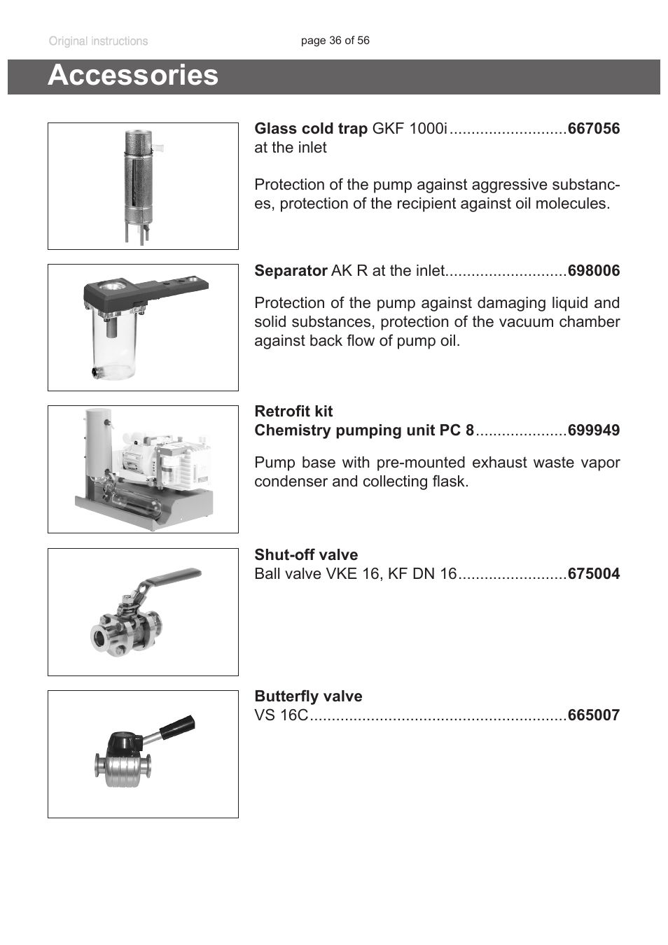 Accessories, See “ac, Cessories”, pg. 36) | Waste vapor condenser (see ”accessories”, pg. 36), Pg. 36) in particul, Accessories”, pg. 36) | Labconco VACUUBRAND HYBRID Rotary Vane Pump 7584000 User Manual | Page 36 / 56