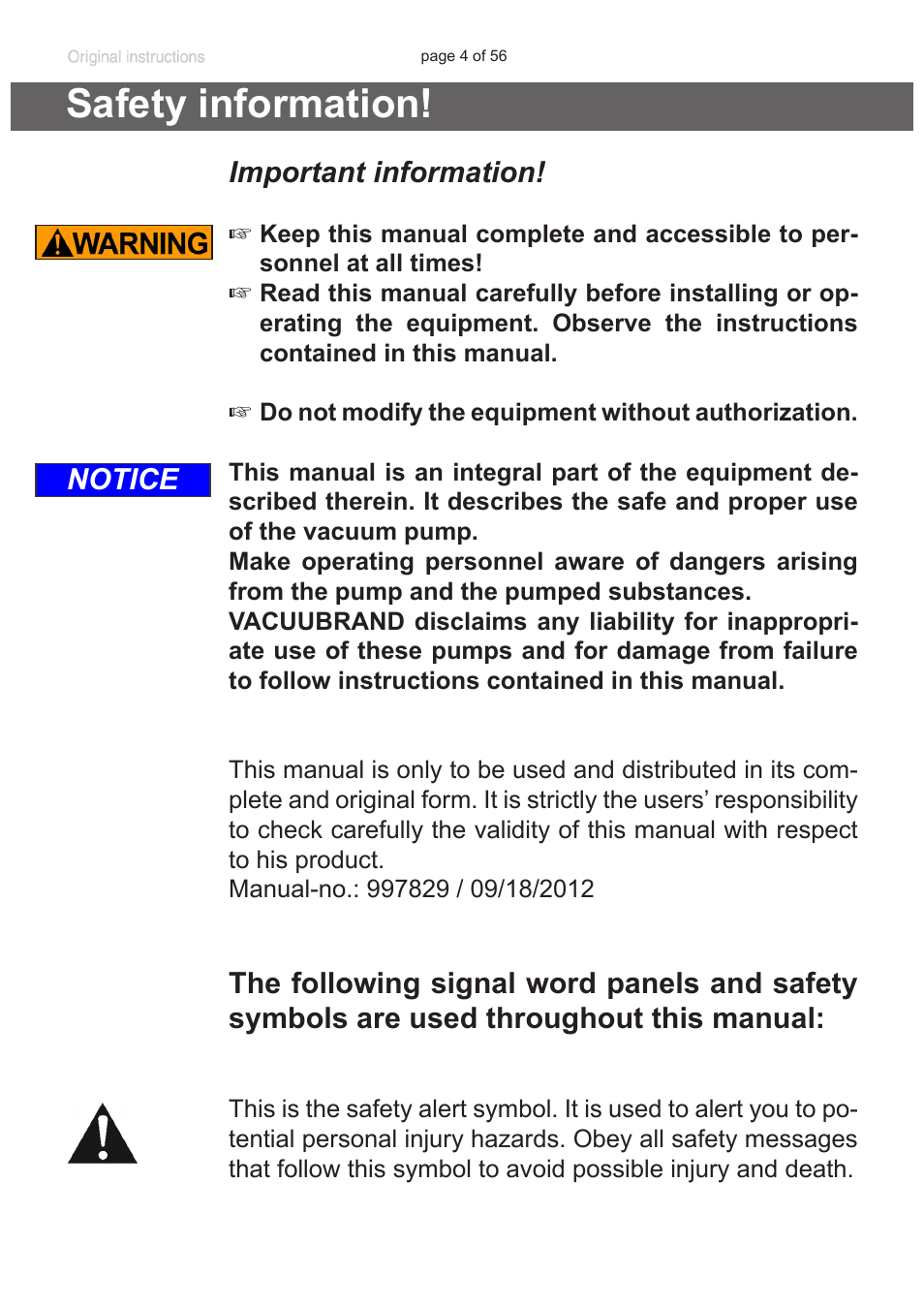 Safety information, Important information, Notice | Labconco VACUUBRAND HYBRID Rotary Vane Pump 7584000 User Manual | Page 4 / 56