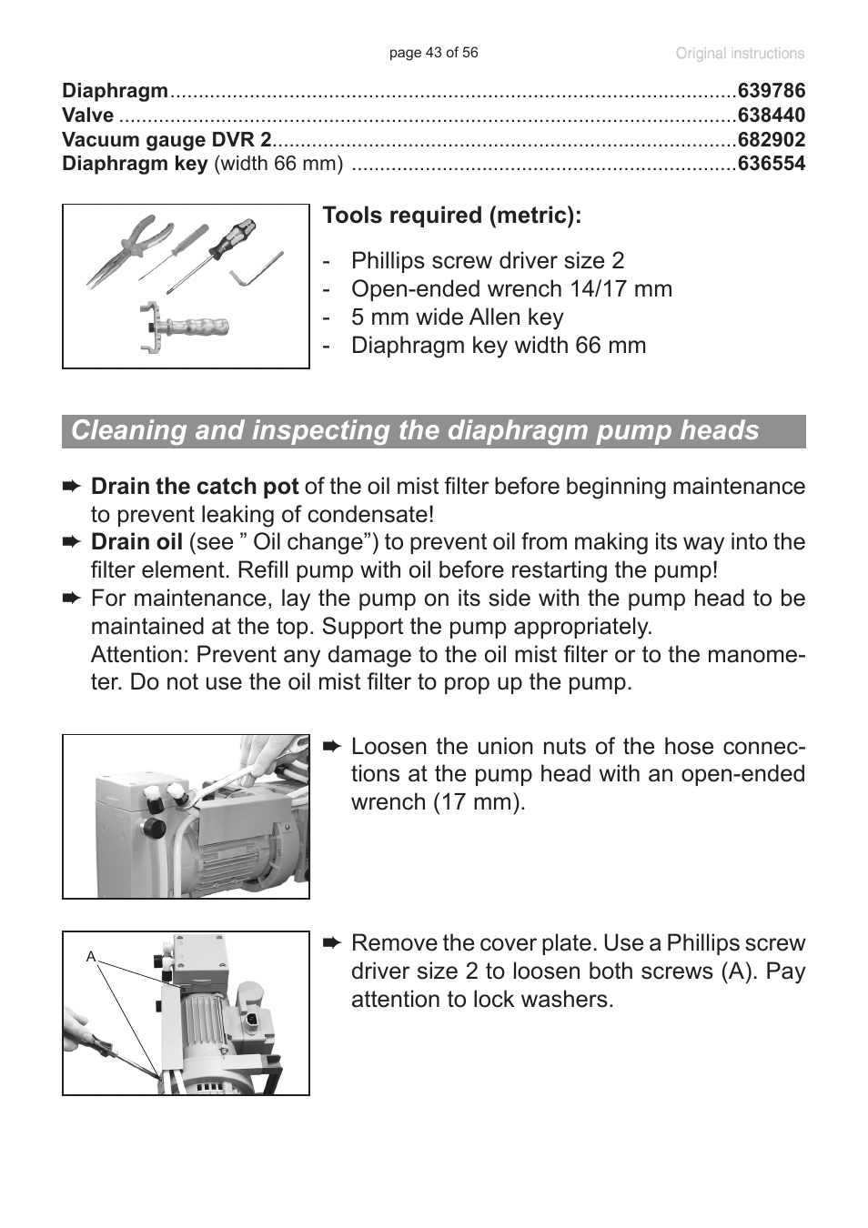 Cleaning and inspecting the diaphragm pump heads | Labconco VACUUBRAND HYBRID Rotary Vane Pump 7584000 User Manual | Page 43 / 56