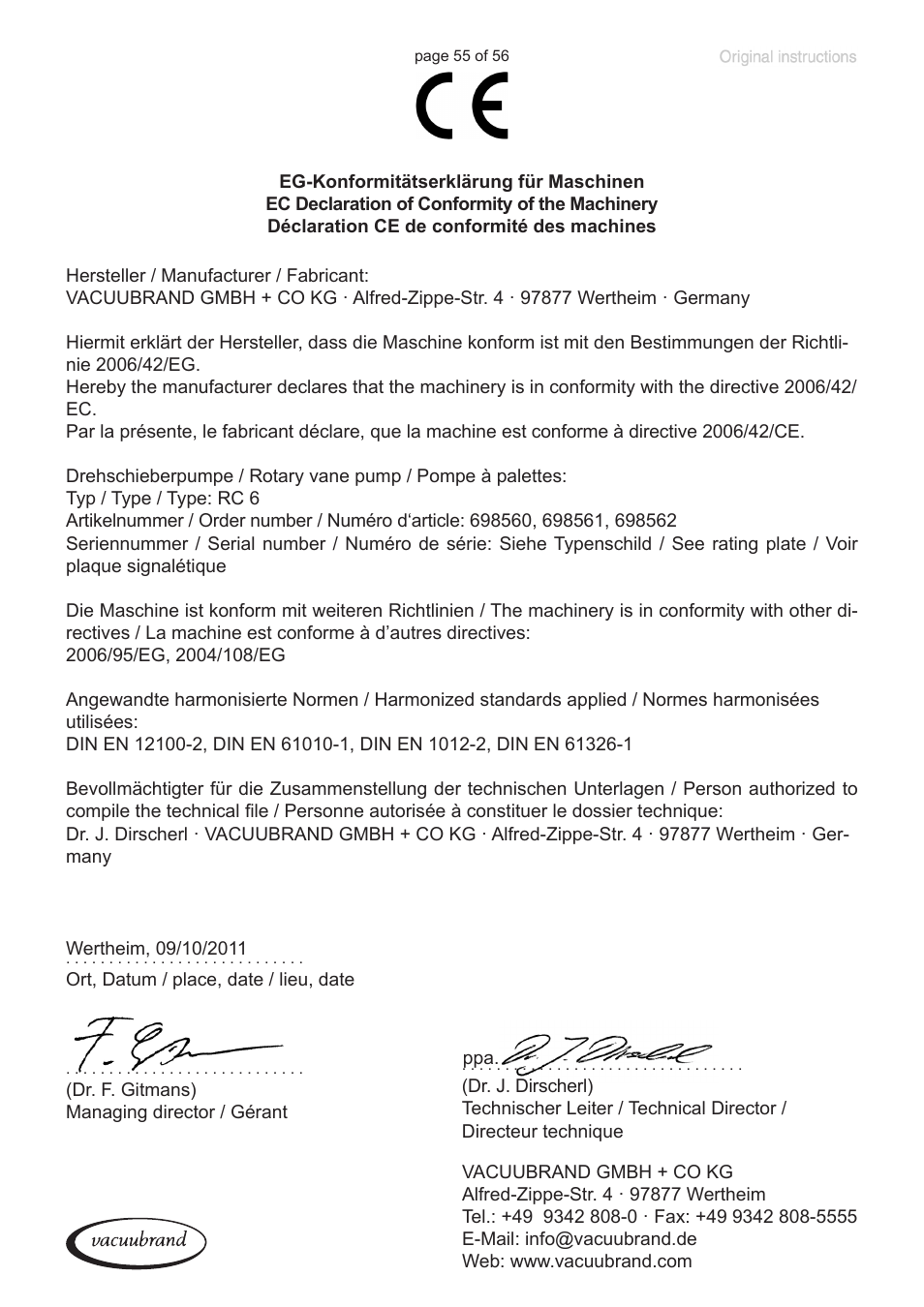 Ec declaration of conformity of the machinery | Labconco VACUUBRAND HYBRID Rotary Vane Pump 7584000 User Manual | Page 55 / 56