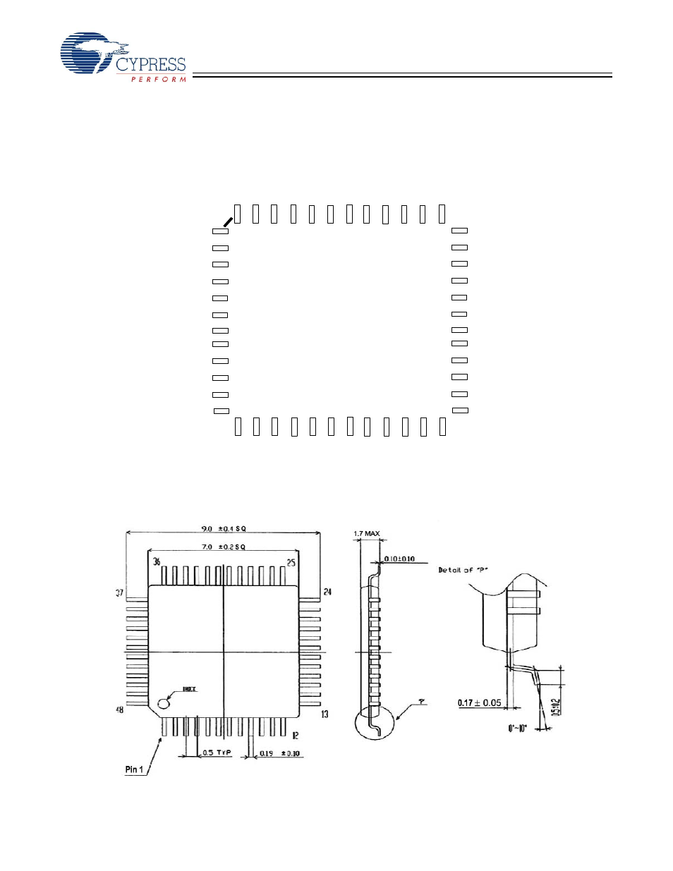 Pin tqfp physical connections, Pin tqfp axc pin layout, Pin tqfp mechanical dimensions | Pin tqfp, Sl811hs | Cypress SL811HS User Manual | Page 20 / 32