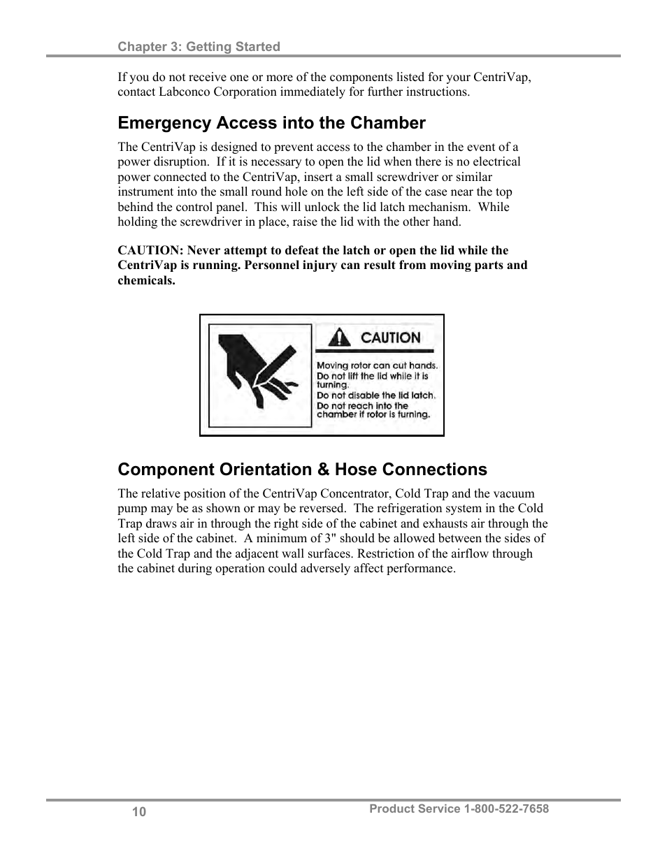 Emergency access into the chamber, Component orientation & hose connections | Labconco CentriVap Centrifugal Concentrators and Cold Traps 74750 Series User Manual | Page 14 / 53