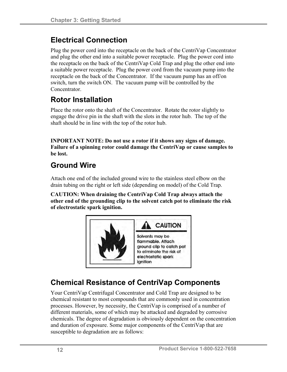 Electrical connection, Rotor installation, Ground wire | Chemical resistance of centrivap components | Labconco CentriVap Centrifugal Concentrators and Cold Traps 74750 Series User Manual | Page 16 / 53