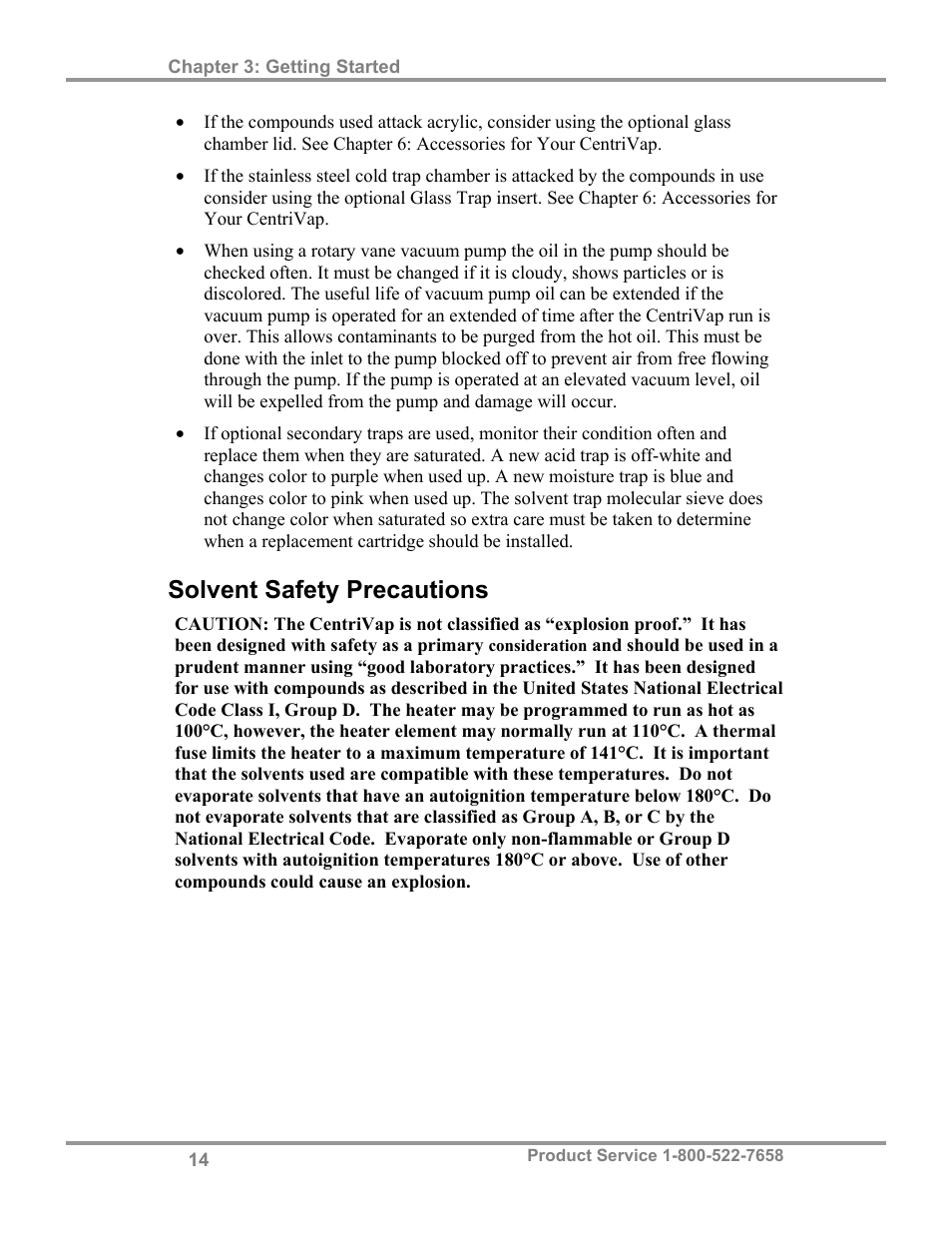 Solvent safety precautions | Labconco CentriVap Centrifugal Concentrators and Cold Traps 74750 Series User Manual | Page 18 / 53