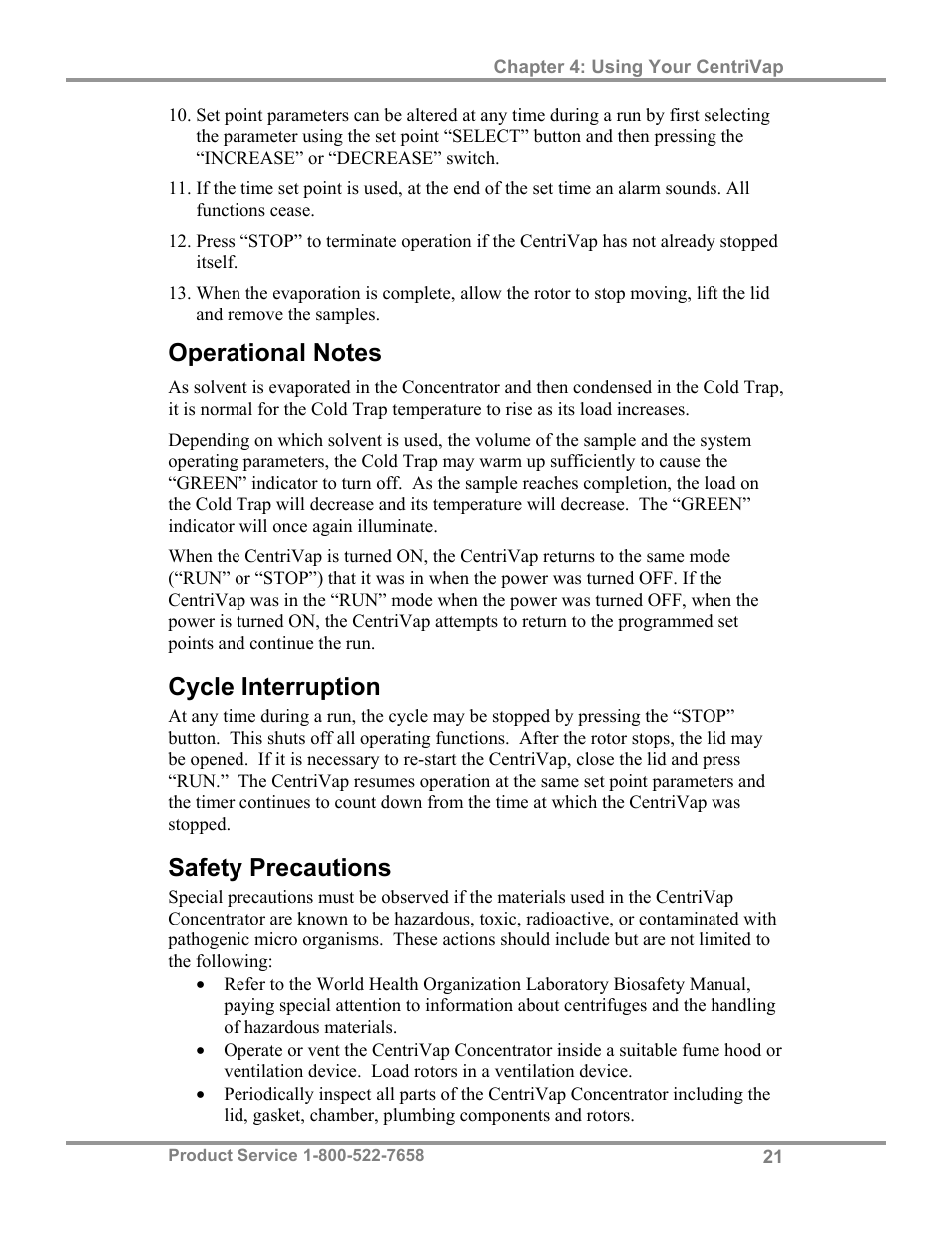 Cycle interruption, Safety precautions | Labconco CentriVap Centrifugal Concentrators and Cold Traps 74750 Series User Manual | Page 25 / 53