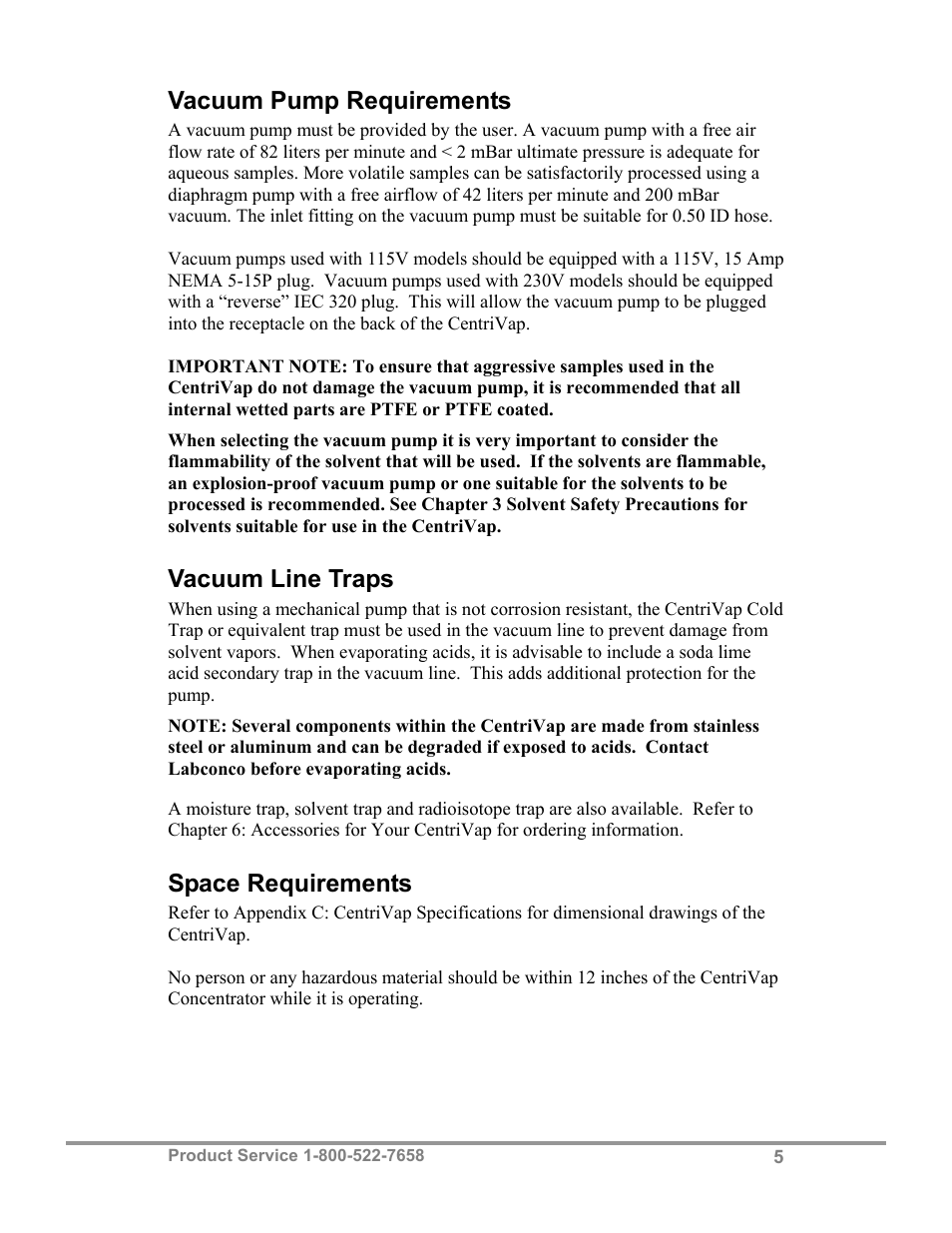 Vacuum pump requirements, Vacuum line traps, Space requirements | Labconco CentriVap Centrifugal Concentrators and Cold Traps 74750 Series User Manual | Page 9 / 53