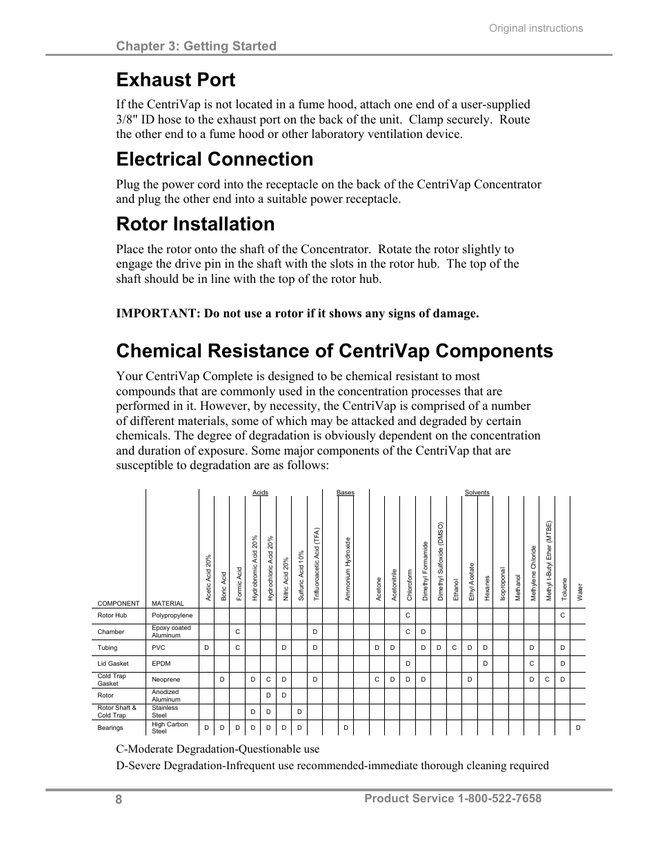 Exhaust port, Electrical connection, Rotor installation | Chemical resistance of centrivap components, Chapter 3: getting started, Original instructions | Labconco CentriVap Complete Vacuum Concentrator 73150 Series User Manual | Page 12 / 38