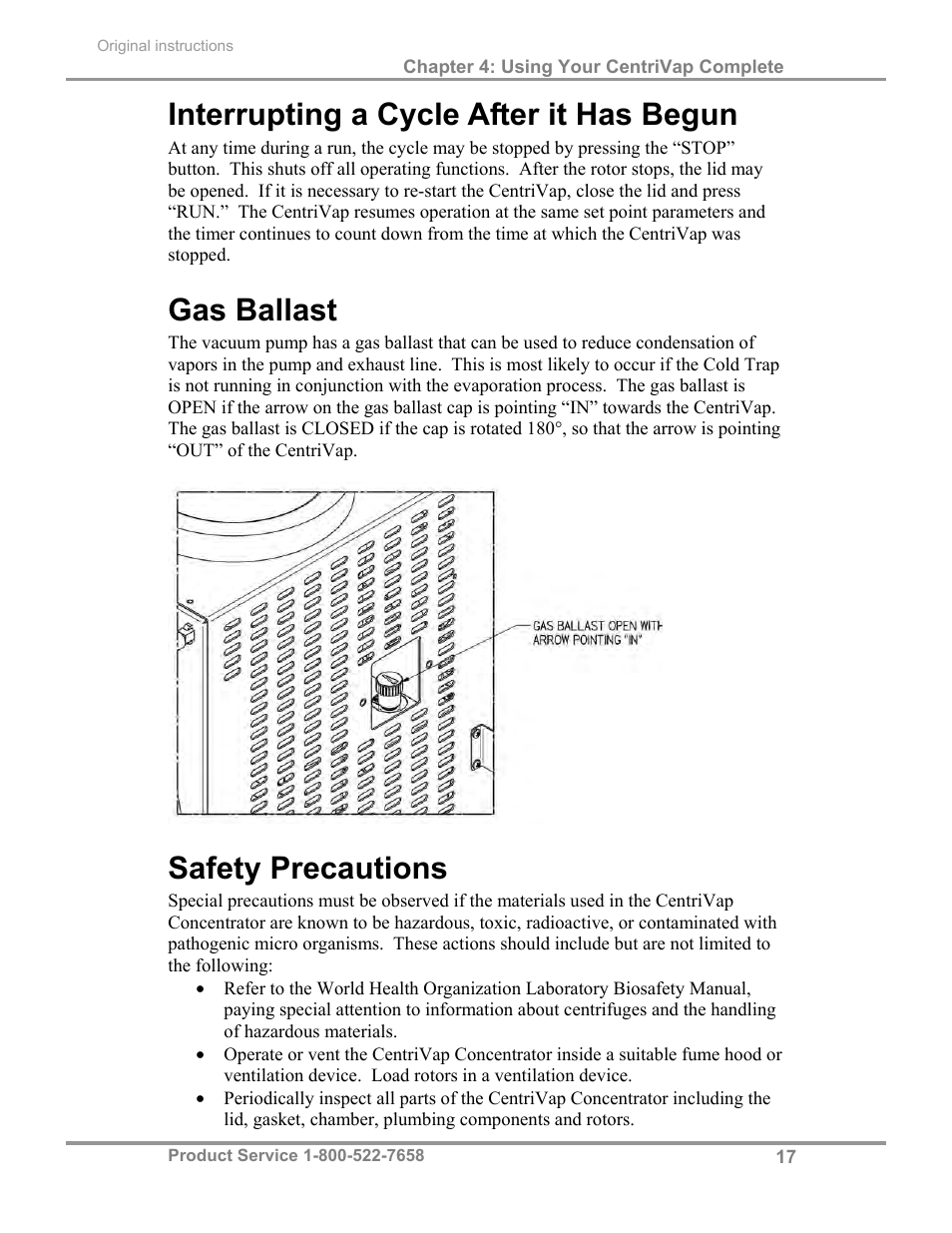 Interrupting a cycle after it has begun, Gas ballast, Safety precautions | Labconco CentriVap Complete Vacuum Concentrator 73150 Series User Manual | Page 21 / 38