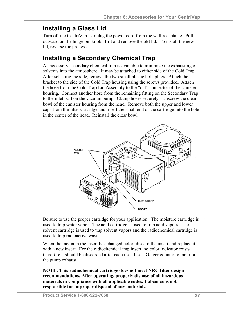 Installing a glass lid, Installing a secondary chemical trap | Labconco CentriVap Concentrators and Cold Traps 74750 Series User Manual | Page 31 / 53