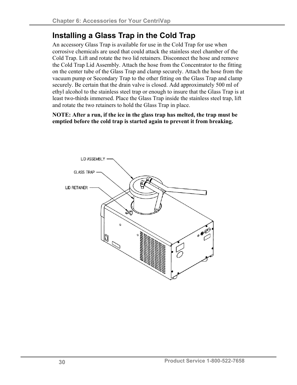 Installing a glass trap in the cold trap | Labconco CentriVap Concentrators and Cold Traps 74750 Series User Manual | Page 34 / 53