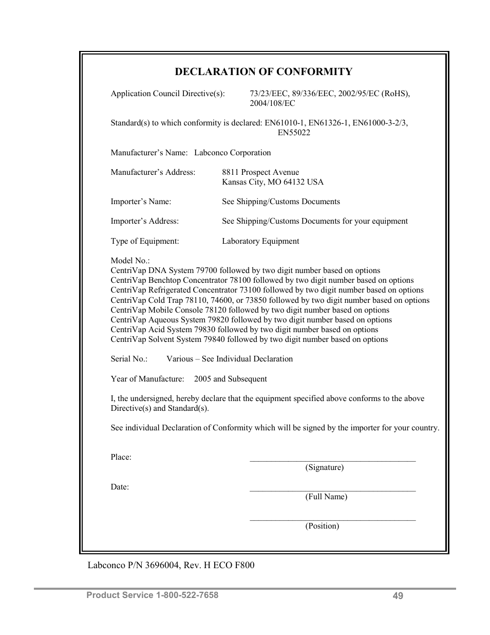 Declaration of conformity | Labconco CentriVap Concentrators and Cold Traps 74750 Series User Manual | Page 53 / 53