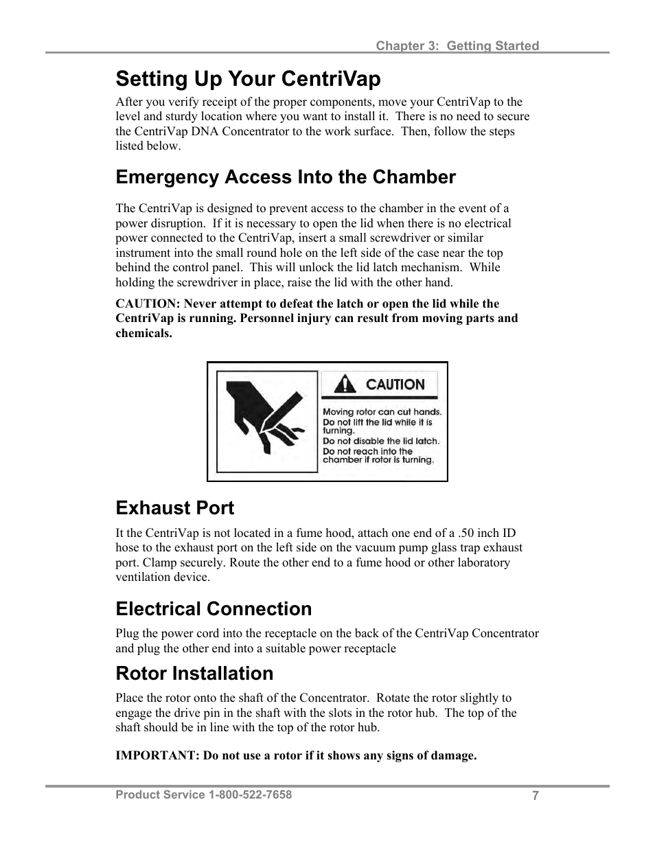 Setting up your centrivap, Emergency access into the chamber, Exhaust port | Electrical connection, Rotor installation | Labconco CentriVa DNA Systems 7970037 User Manual | Page 11 / 36