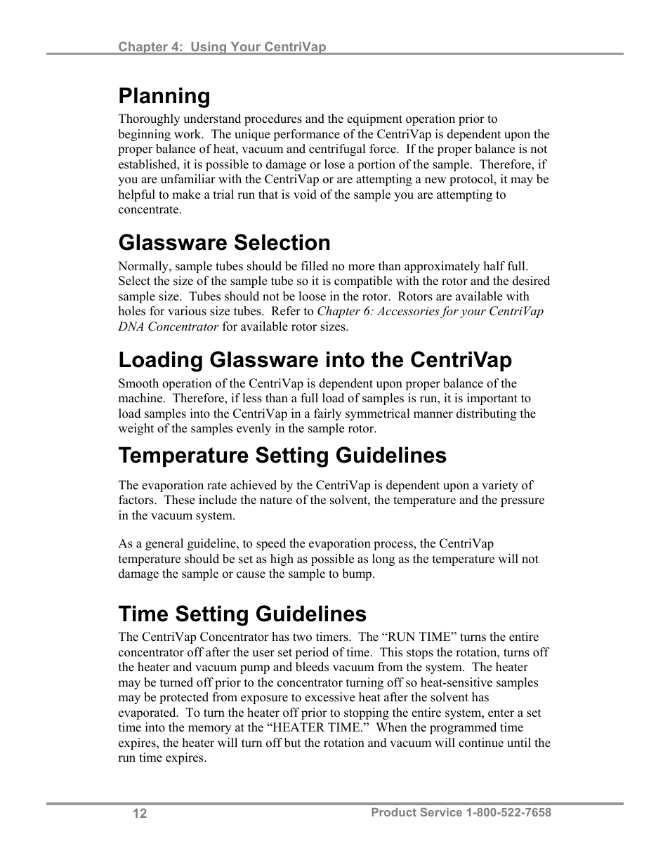 Planning, Glassware selection, Loading glassware into the centrivap | Temperature setting guidelines, Time setting guidelines | Labconco CentriVa DNA Systems 7970037 User Manual | Page 16 / 36