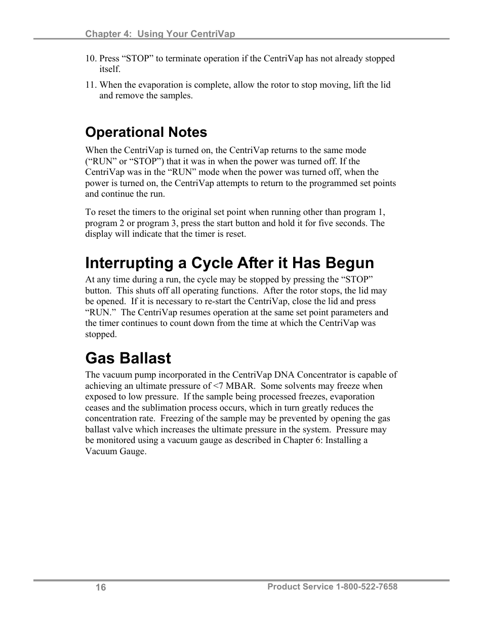 Interrupting a cycle after it has begun, Gas ballast | Labconco CentriVa DNA Systems 7970037 User Manual | Page 20 / 36