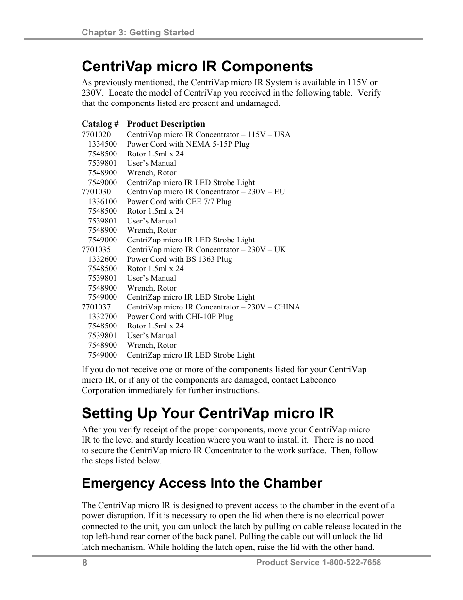 Centrivap micro ir components, Setting up your centrivap micro ir, Emergency access into the chamber | Labconco CentriVap micro IR Vacuum Concentrators 77010 Series User Manual | Page 12 / 30