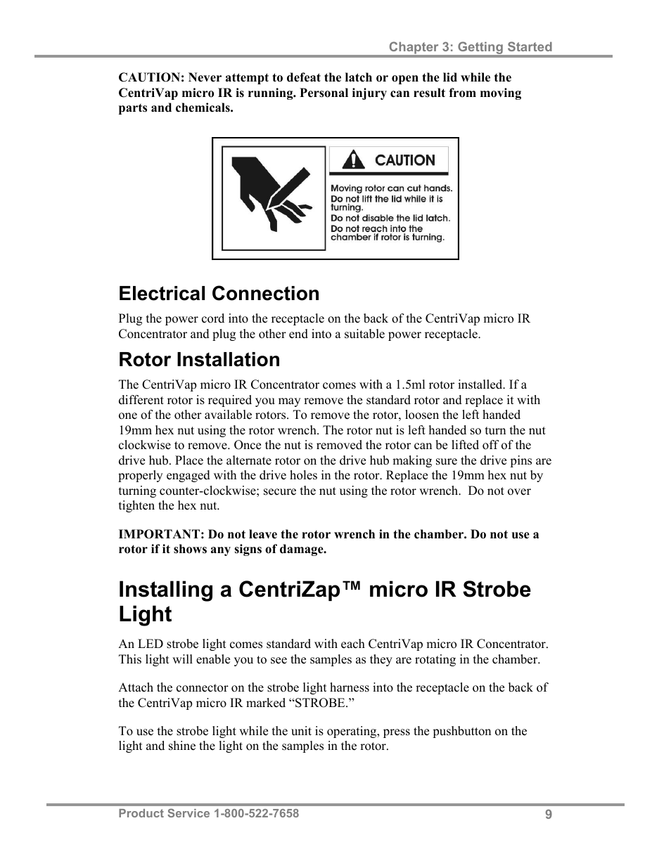 Installing a centrizap™ micro ir strobe light, Electrical connection, Rotor installation | Labconco CentriVap micro IR Vacuum Concentrators 77010 Series User Manual | Page 13 / 30