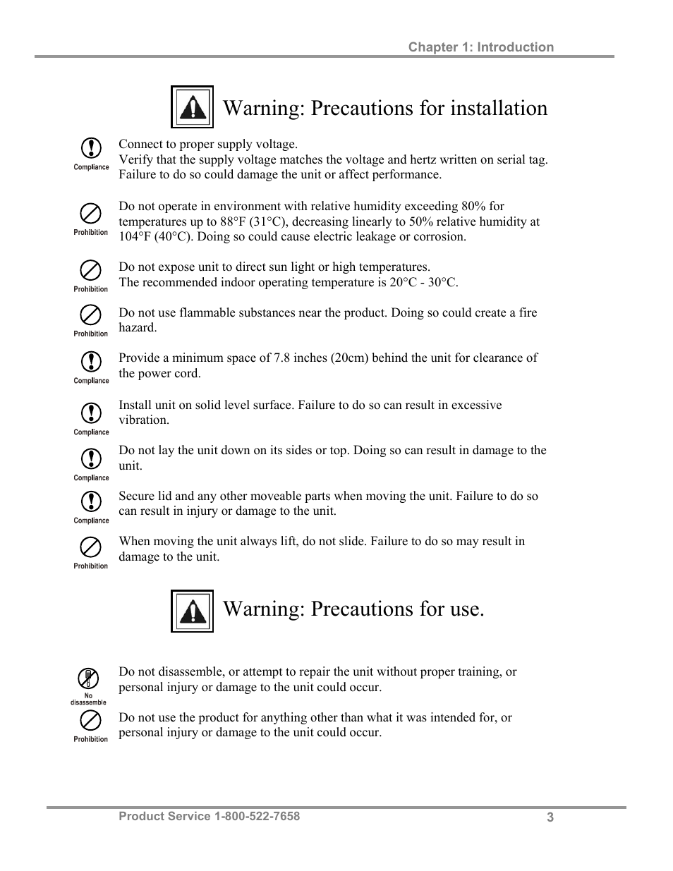 Warning: precautions for installation, Warning: precautions for use | Labconco CentriVap micro IR Vacuum Concentrators 77010 Series User Manual | Page 7 / 30