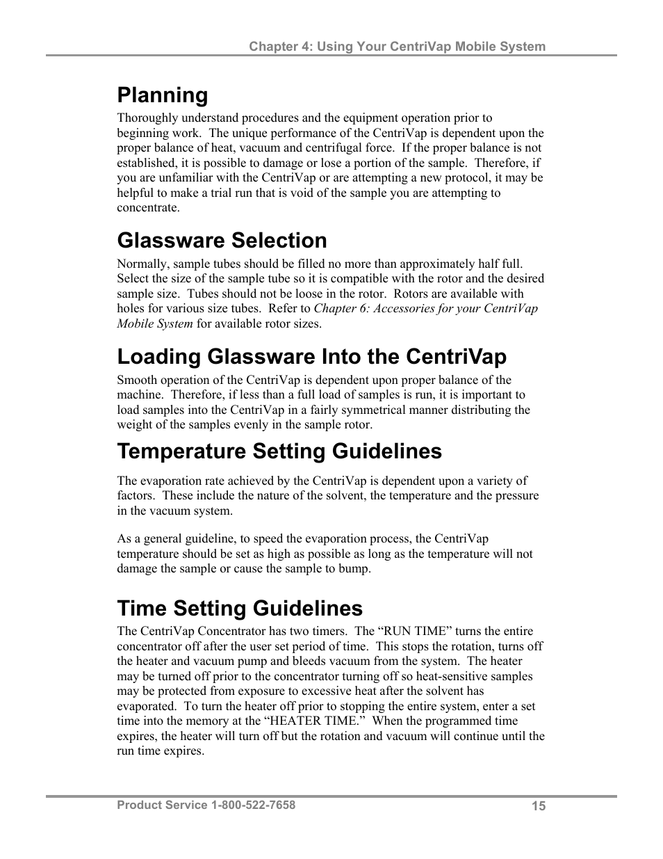 Planning, Glassware selection, Loading glassware into the centrivap | Temperature setting guidelines, Time setting guidelines | Labconco CentriVap Mobile Systems 7812014 User Manual | Page 19 / 47