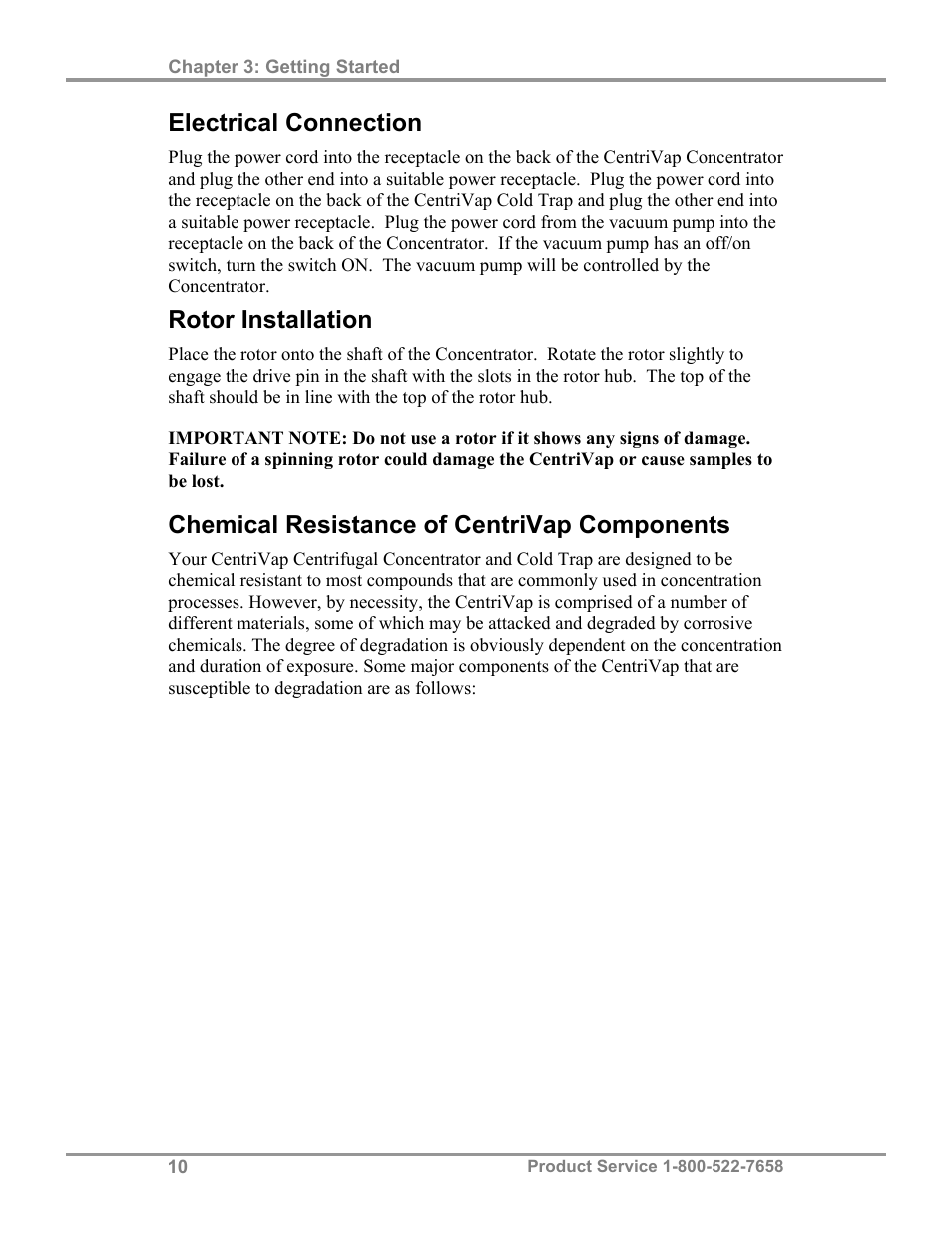 Electrical connection, Rotor installation, Chemical resistance of centrivap components | Labconco CentriVap Refrigerated Centrifugal Concentrators 7310000 Series User Manual | Page 14 / 40