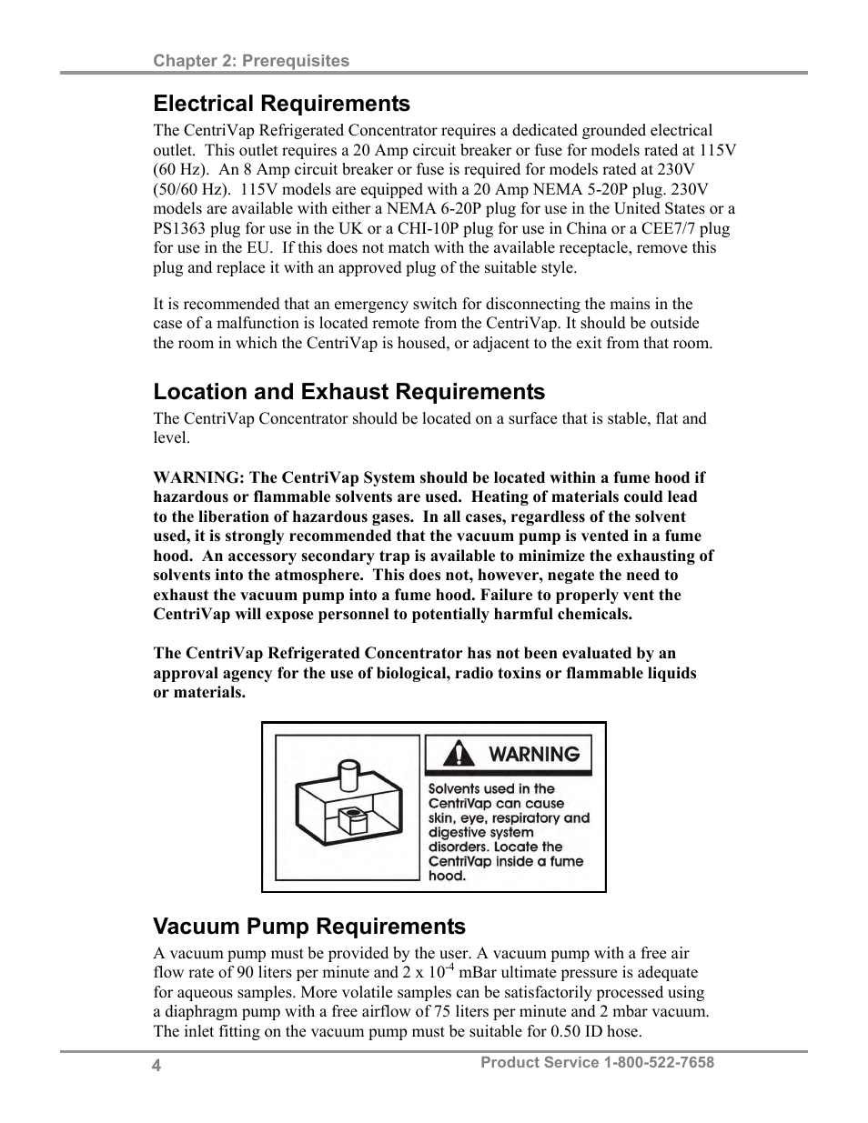 Electrical requirements, Location and exhaust requirements, Vacuum pump requirements | Labconco CentriVap Refrigerated Centrifugal Concentrators 7310000 Series User Manual | Page 8 / 40