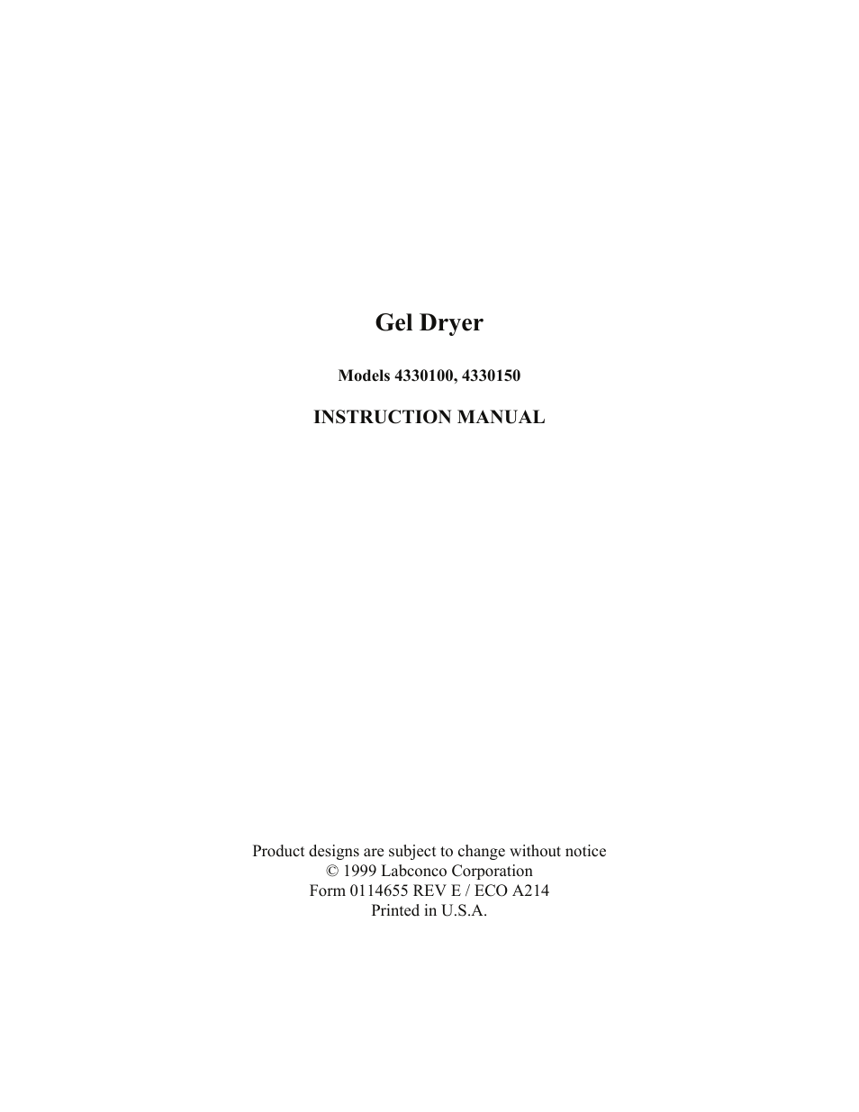 Labconco Gel Dryer 4330150 User Manual | 26 pages