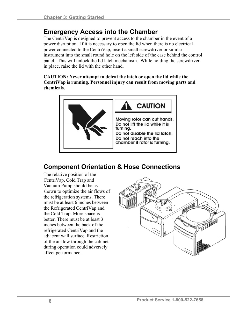 Emergency access into the chamber, Component orientation & hose connections | Labconco Refrigerated CentriVap Centrifugal Concentrators 7310041 User Manual | Page 12 / 38