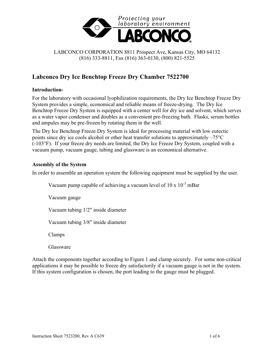 Labconco Dry Ice Benchtop Freeze Dry System 7522700 User Manual | 6 pages