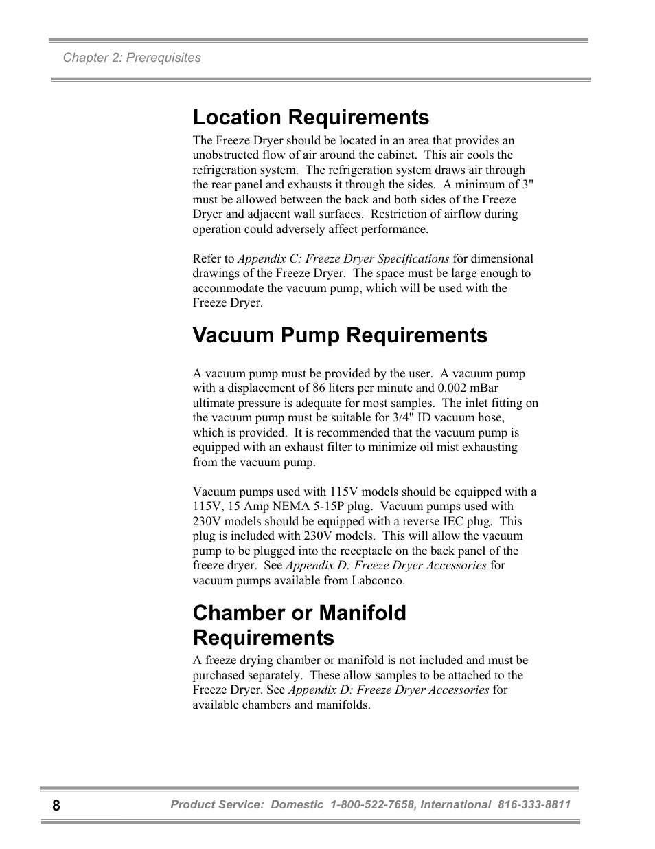 Location requirements, Vacuum pump requirements, Chamber or manifold requirements | Labconco FreeZone 1 Liter Benchtop Freeze Dry Systems 7740071 User Manual | Page 12 / 51