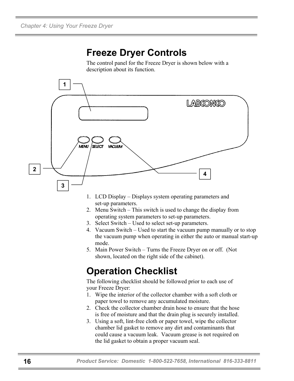 Freeze dryer controls, Operation checklist | Labconco FreeZone 1 Liter Benchtop Freeze Dry Systems 7740071 User Manual | Page 20 / 51