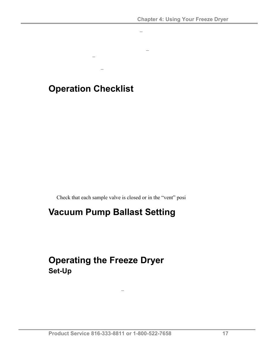 Operation checklist, Vacuum pump ballast setting, Operating the freeze dryer | Set-up | Labconco FreeZone 2.5 Liter Freeze Dry Systems 76705 Series User Manual | Page 21 / 64
