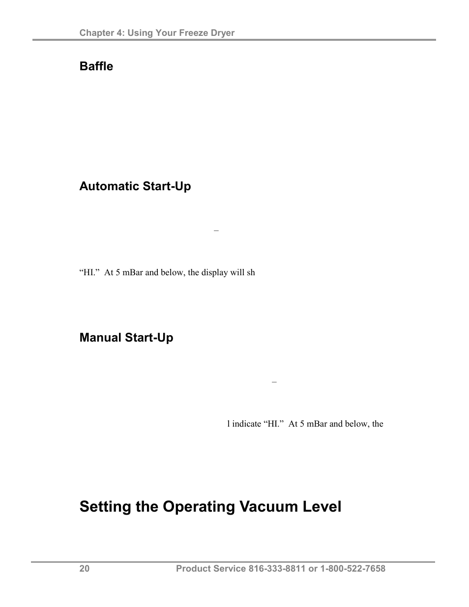 Setting the operating vacuum level, Baffle, Automatic start-up | Manual start-up | Labconco FreeZone 2.5 Liter Freeze Dry Systems 76705 Series User Manual | Page 24 / 64