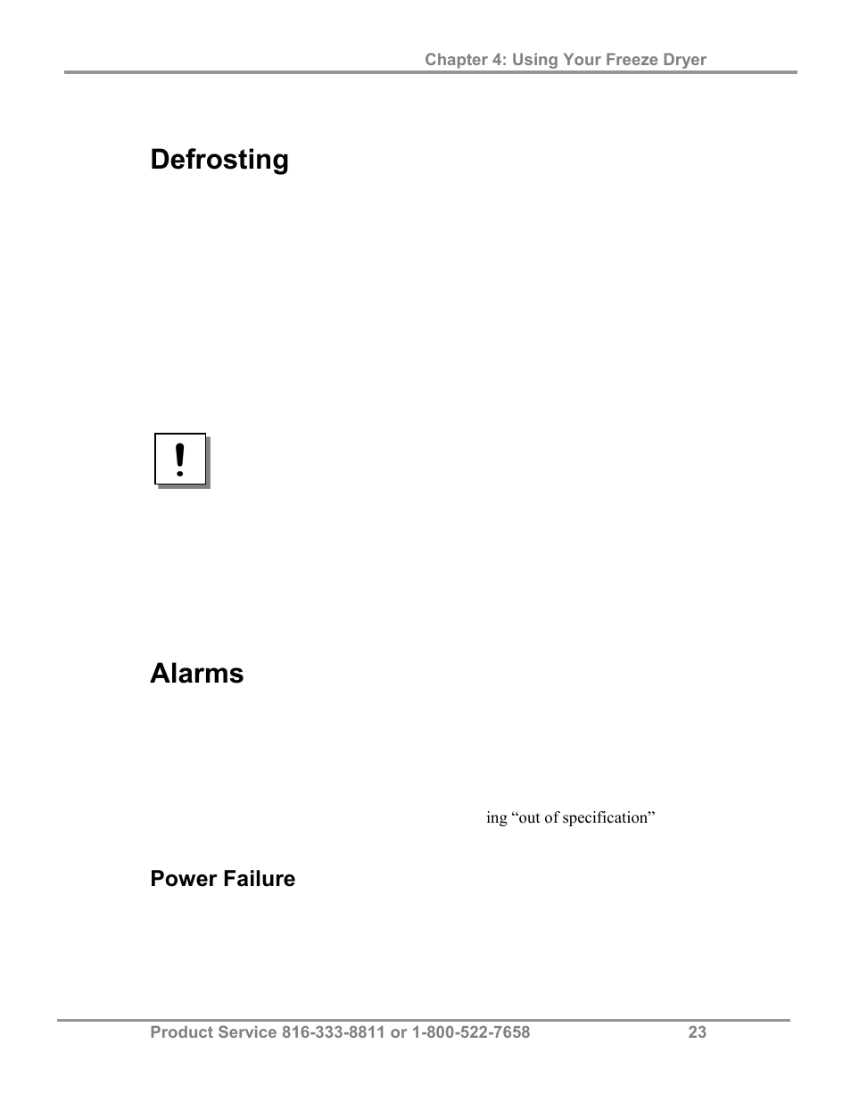 Defrosting, Alarms, Power failure | Labconco FreeZone 2.5 Liter Freeze Dry Systems 76705 Series User Manual | Page 27 / 64