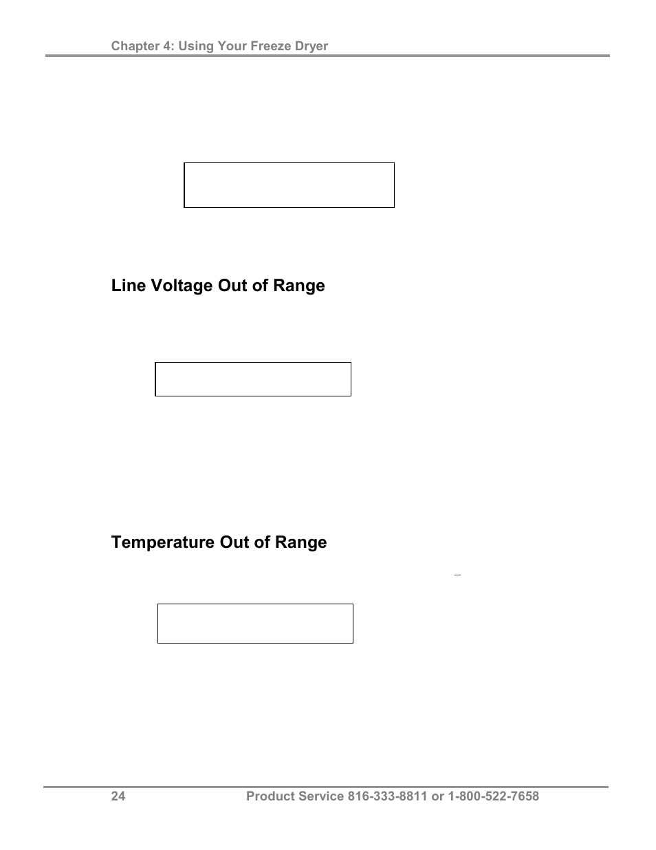 Line voltage out of range, Temperature out of range | Labconco FreeZone 2.5 Liter Freeze Dry Systems 76705 Series User Manual | Page 28 / 64