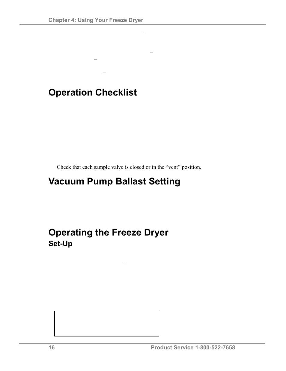 Operation checklist, Vacuum pump ballast setting, Operating the freeze dryer | Set-up | Labconco FreeZone 4.5 Liter Freeze Dry Systems 77510 Series User Manual | Page 20 / 56