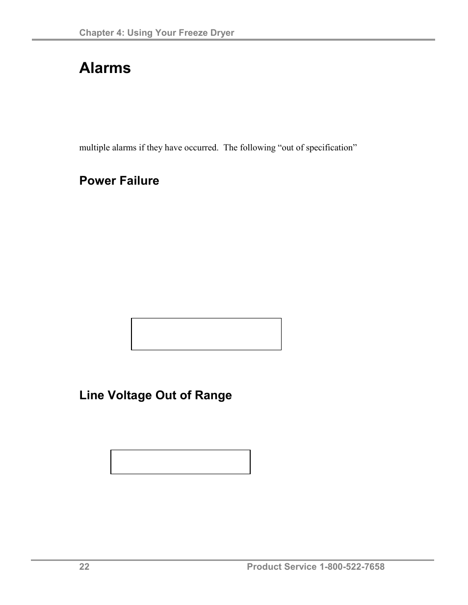 Alarms, Power failure, Line voltage out of range | Labconco FreeZone 4.5 Liter Freeze Dry Systems 77510 Series User Manual | Page 26 / 56