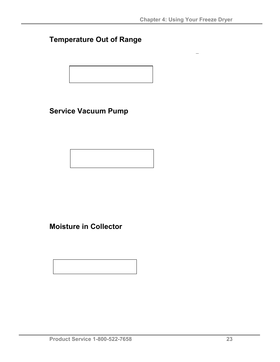 Temperature out of range, Service vacuum pump, Moisture in collector | Labconco FreeZone 4.5 Liter Freeze Dry Systems 77510 Series User Manual | Page 27 / 56
