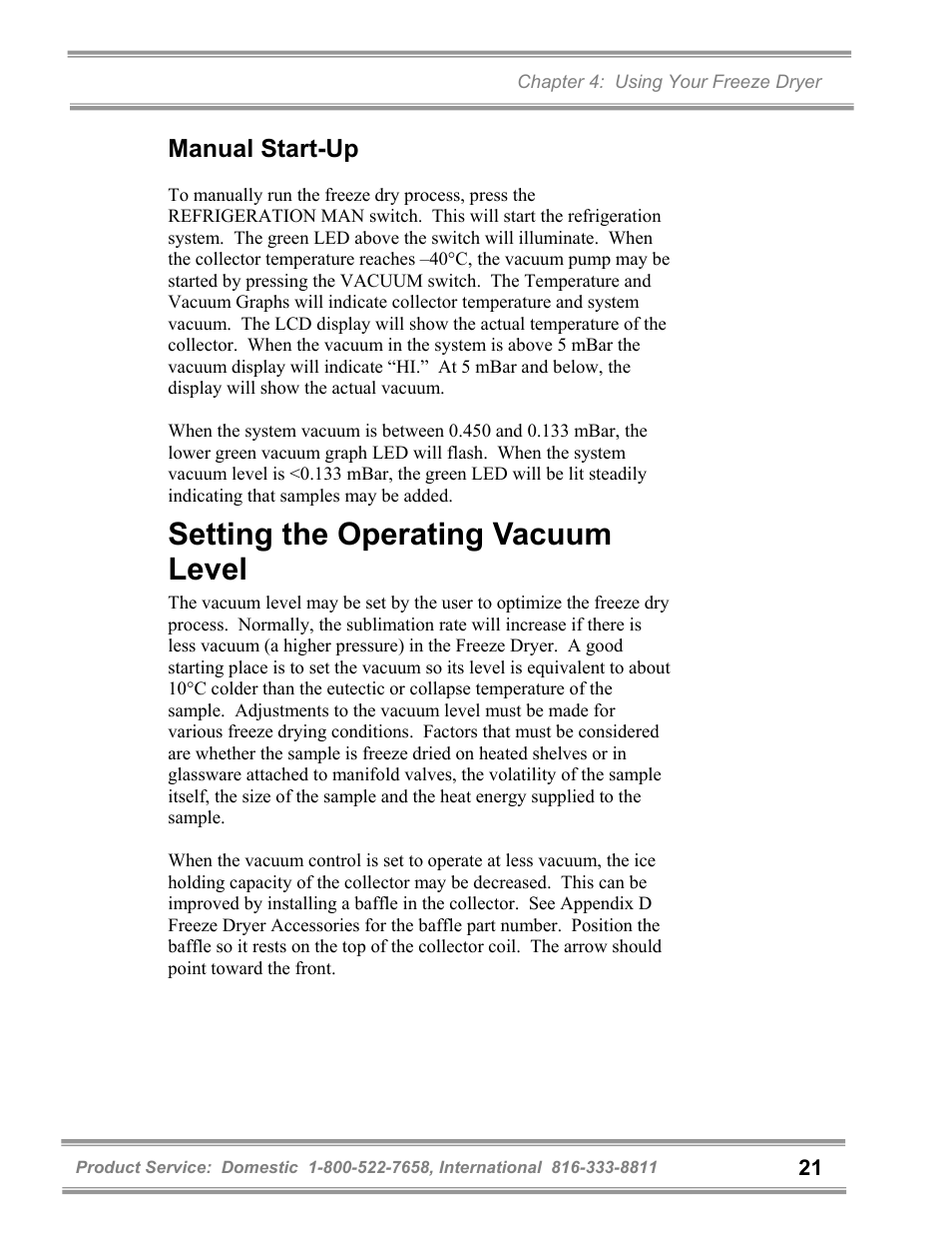 Setting the operating vacuum level, Manual start-up | Labconco FreeZone 6 Liter Benchtop Freeze Dry Systems 77520 Series User Manual | Page 25 / 66